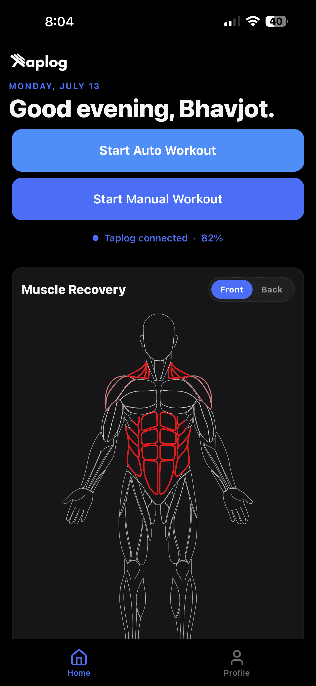 TapLog home screen showing today's workout and muscle recovery map